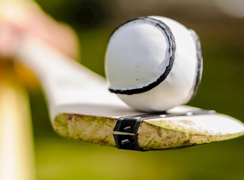 Close-up of hurl with white sliotar resting on edge