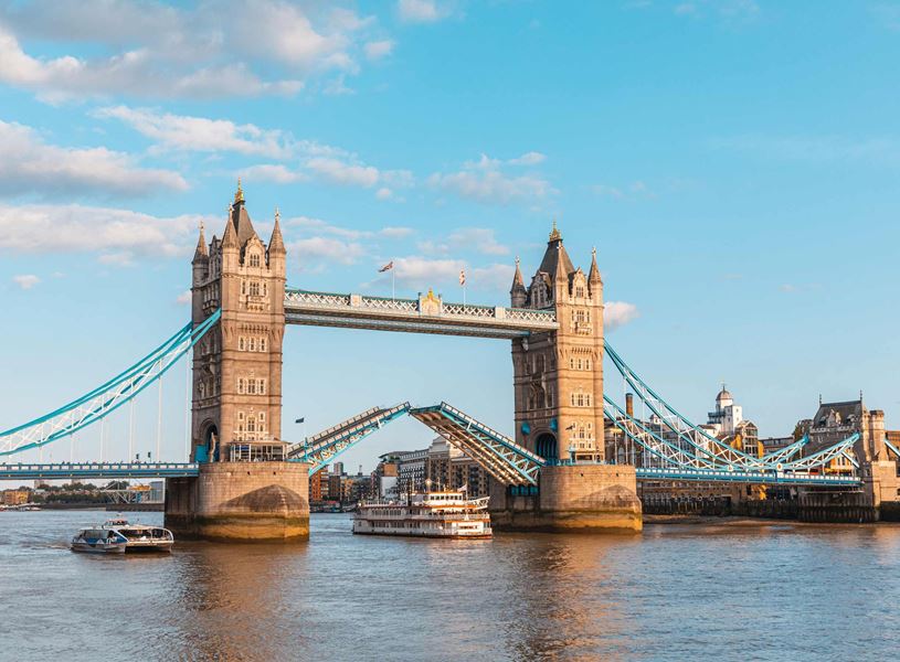 Tower Bridge Raised Over River Thames in London, England