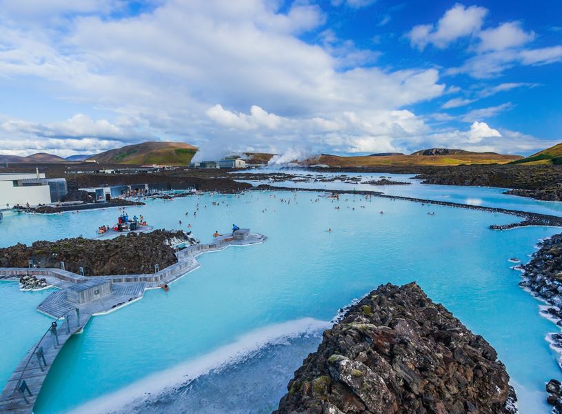 Blue Lagoon with geothermal water and rocky landscape in Reykjavik, Iceland