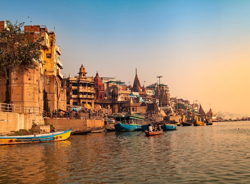 Clear sky over the Ganges River banks in Varanasi, India
