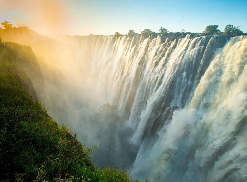 Aerial helicopter view of Victoria Falls and surrounding landscape, Zimbabwe