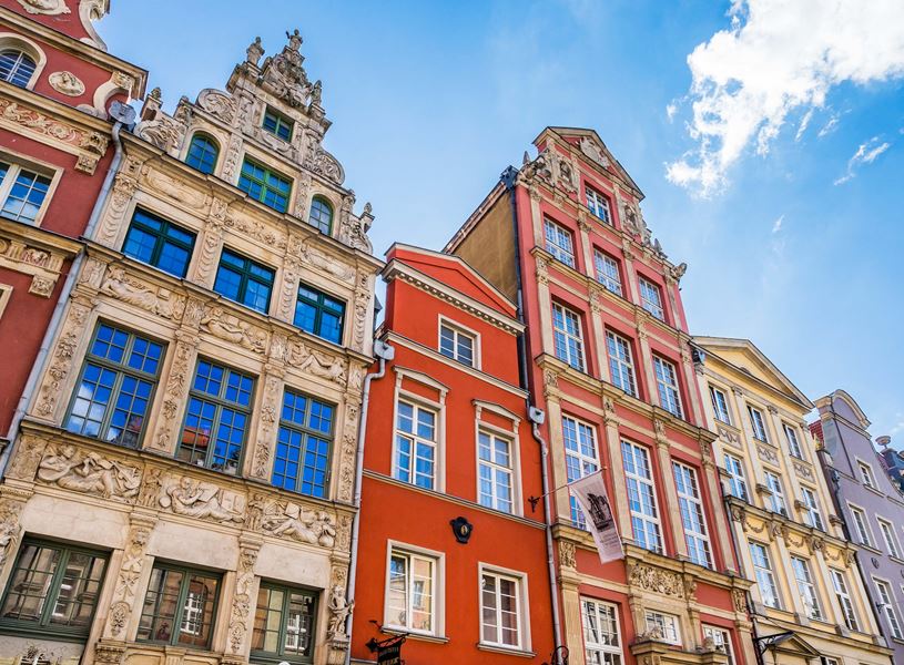 Facades of colourful buildings in Gdańsk Old Town, Poland