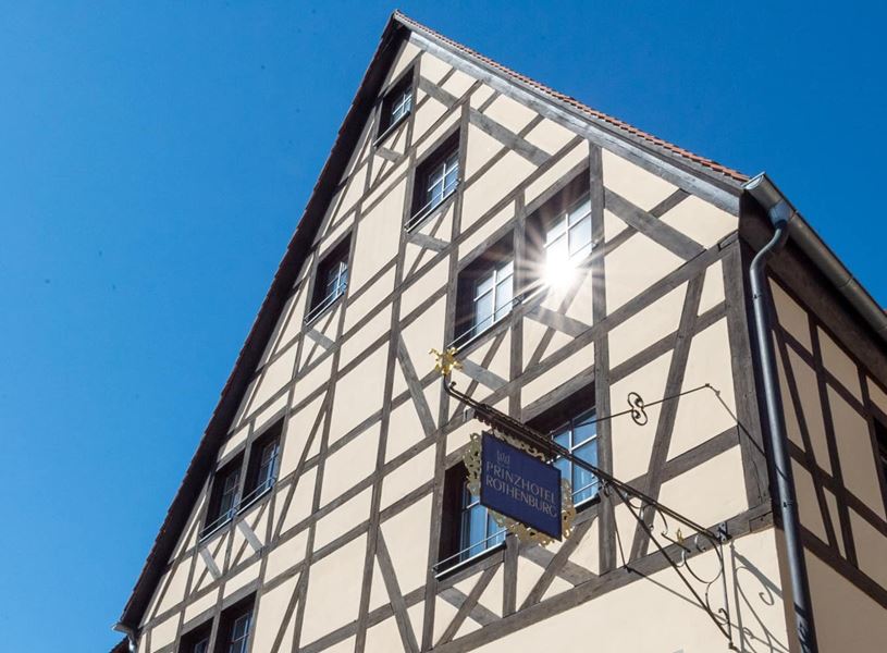 Prinzhotel building with half-timbered facade in Rothenburg, Germany