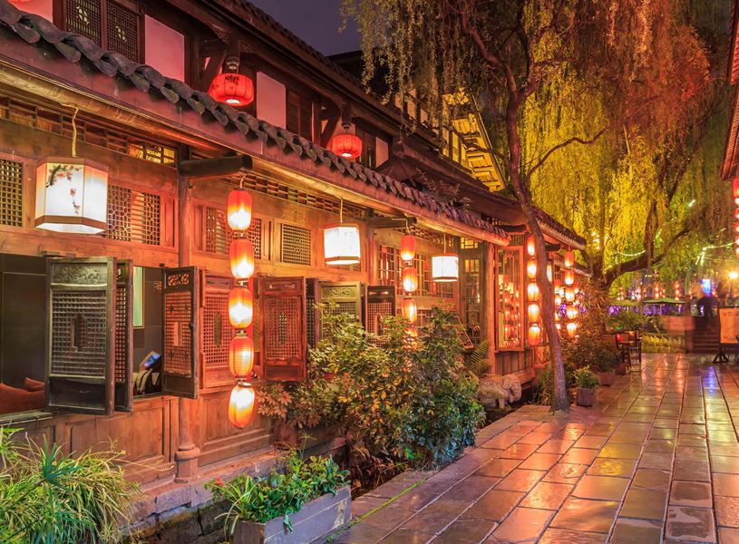Illuminated night view of Jinli Street and the traditional Kuan and Zhai Alleys in Chengdu, China