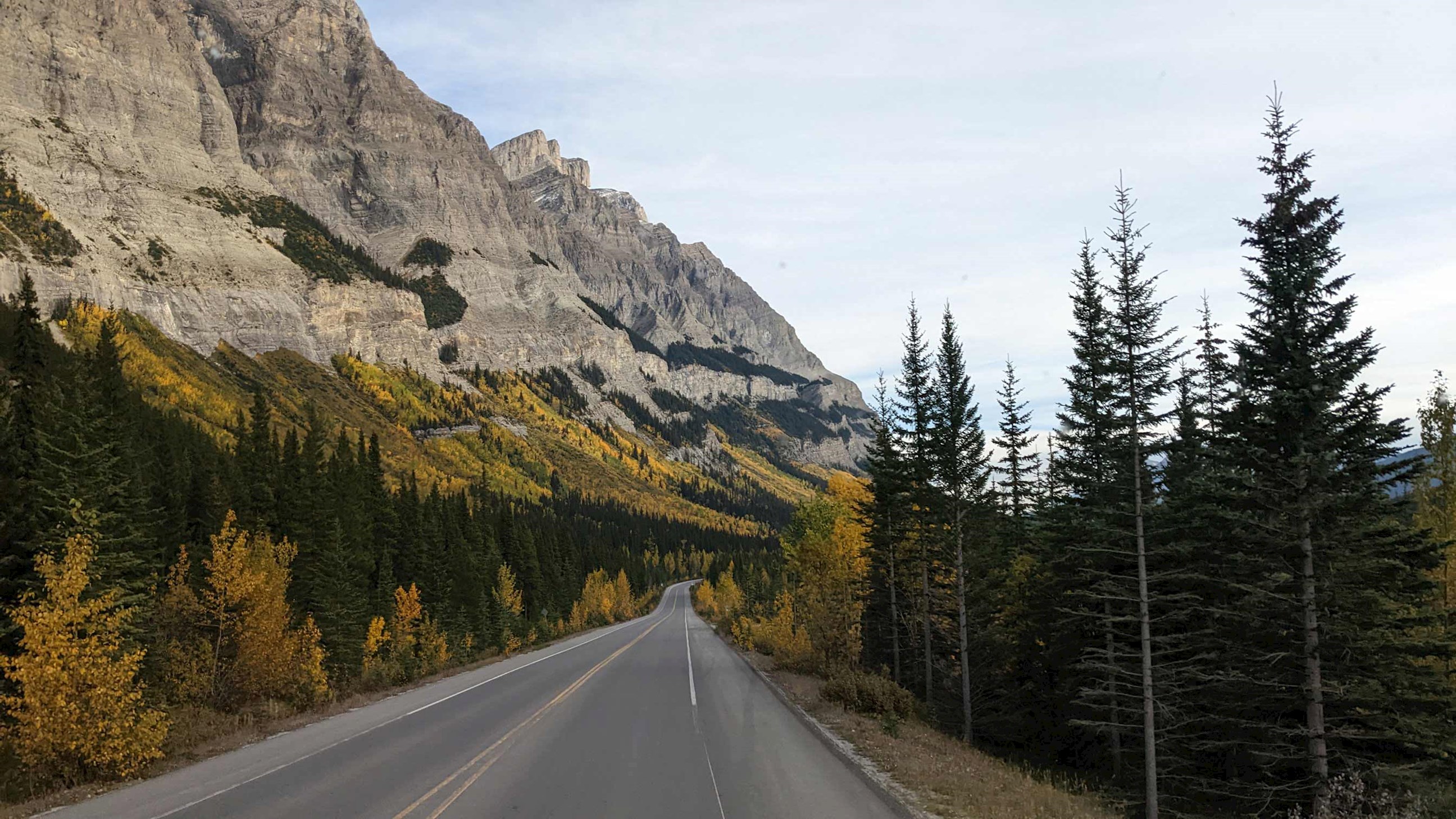 Drive through mountains towards Icefields Parkway, Jasper, Canada