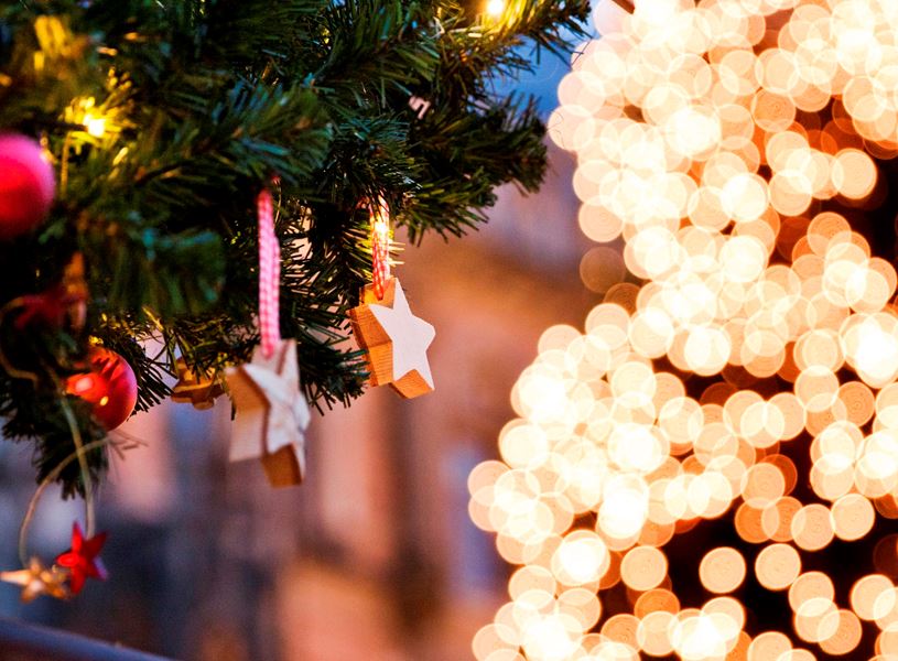 Close-up of Christmas tree branch with wooden stars and red baubles
