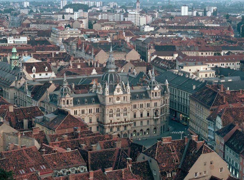 Aerial view of the city hall in Graz, Austria