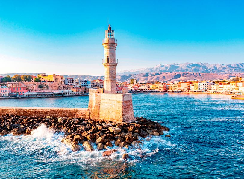Panoramic of Rethymno with View of Lighthouse, Town and Mountains, Crete, Greece