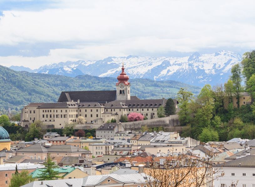 Scenic view with the focus on Nonnberg Abbey Bell Tower in Salzburg, Austria