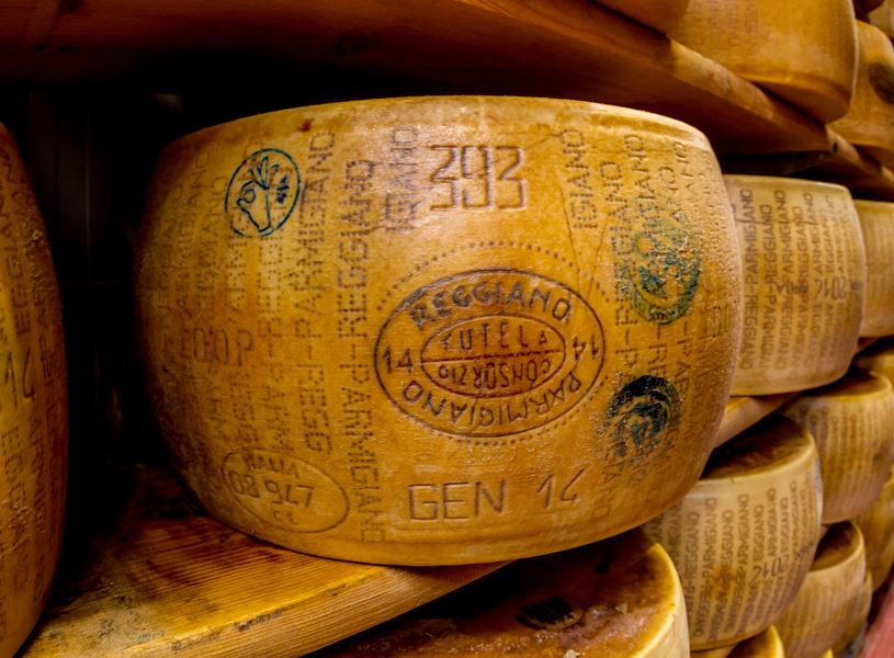 Close-up of Parmigiano Reggiano cheese wheel aging in storage with stamped markings