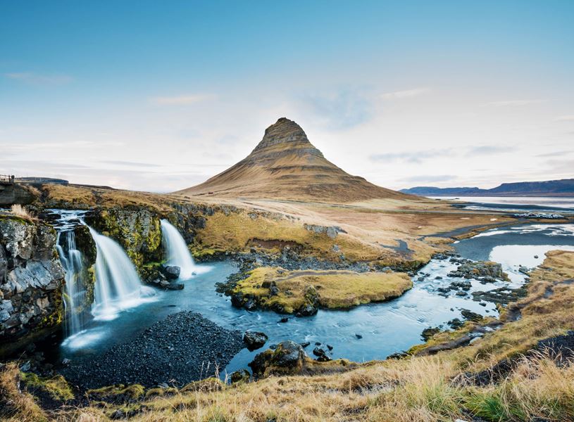 Kirkjufell mountain with twin waterfalls on scenic Snæfellsnes Peninsula, Iceland.