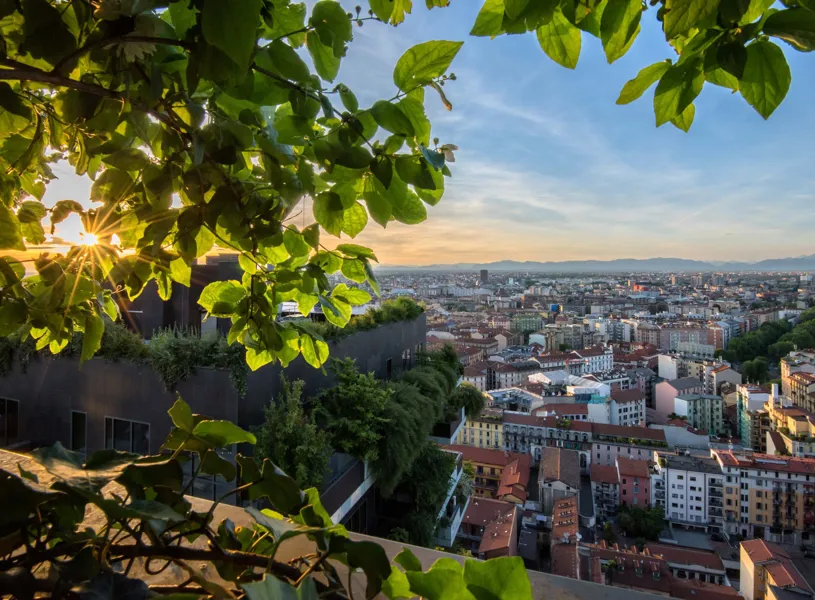Sunset view of Milan cityscape framed by green leaves 