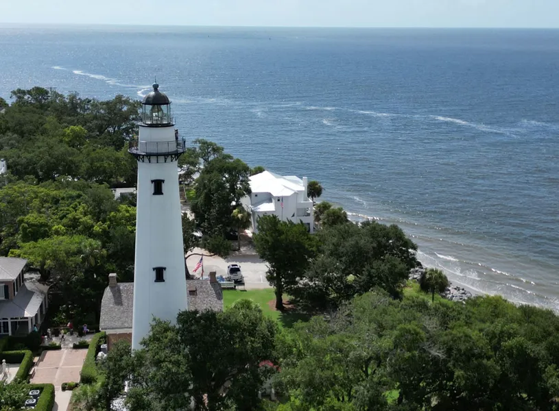 Aerial view of the St. Simons Island lighthouse and beach, Georgia, USA
