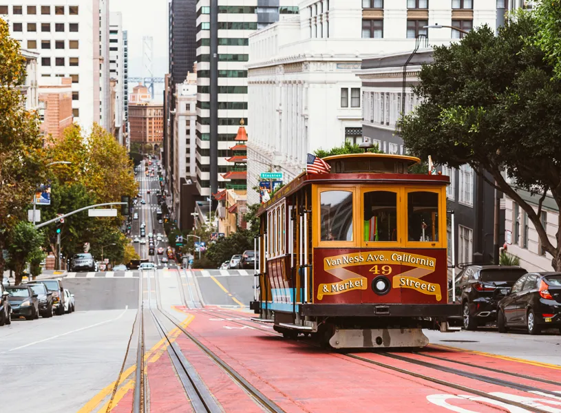 Street in San Francisco with historic cable car, San Francisco, California, USA