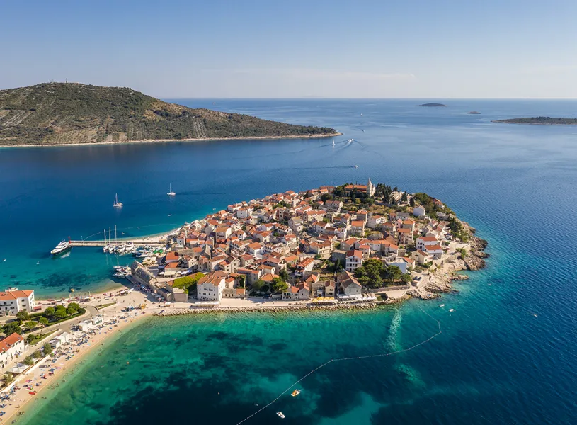 Aerial view of Primošten Old Town in Primošten, Croatia