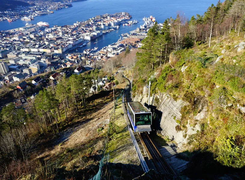 Fløibanen funicular climbing mountain with panoramic view of Bergen harbour and city