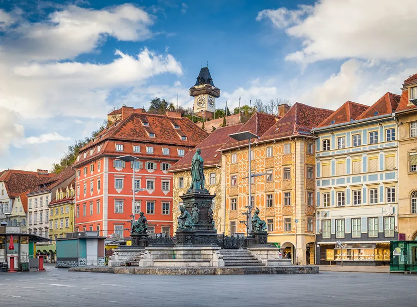 Erzherzog Johann fountain in the main square, Hauptplatz in Graz, Austria