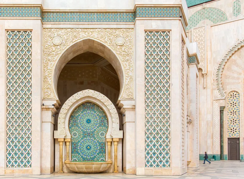 The courtyard of Mosque Hassan II in Casablanca at sunset, Morocco