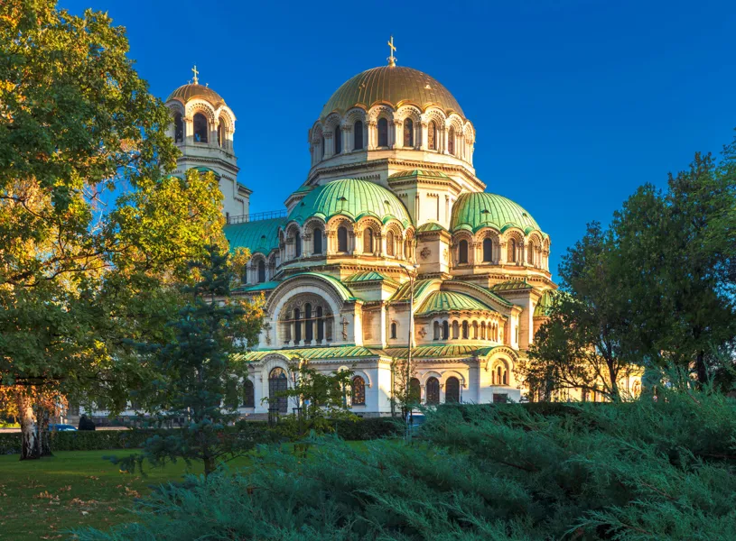 St. Alexander Nevsky Cathedral and surrounding greenery in Sofia, Bulgaria