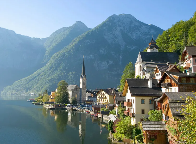 Lakeside view of Hallstatt village with Alps in Austria