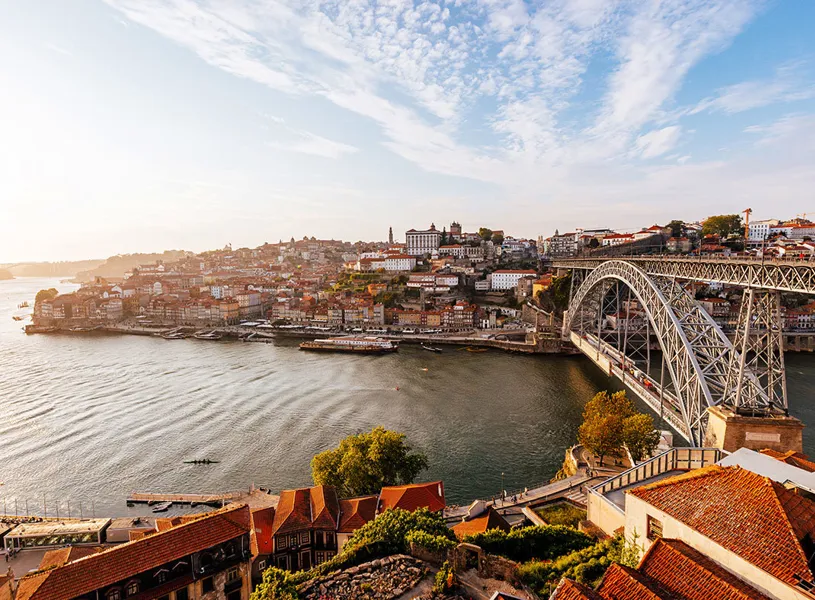 Aerial View of Porto with the Dom Luis I Bridge and Douro River, Porto, Portugal