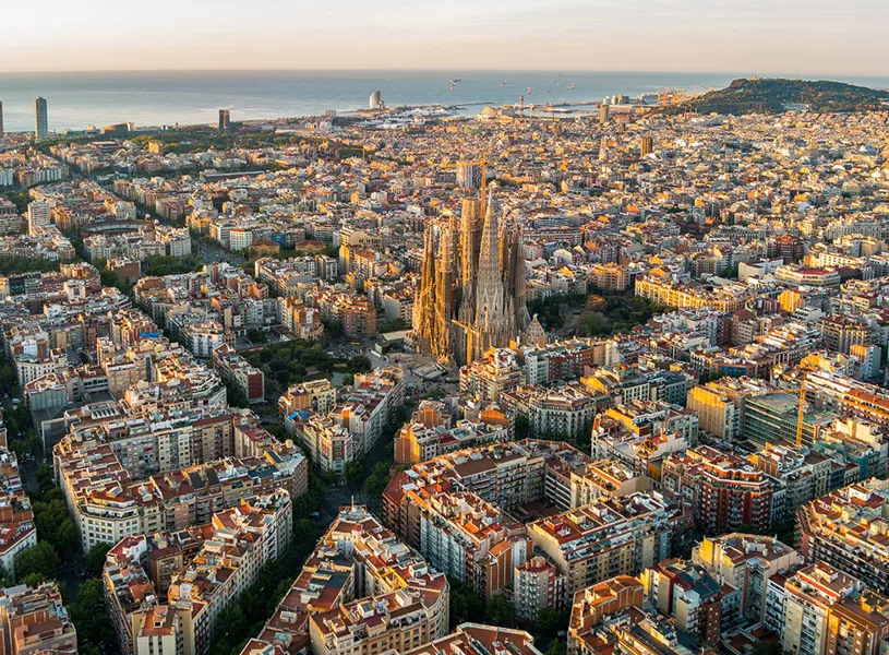 Sagrada Familia and Barcelona Skyline at Sunrise, Barcelona, Spain