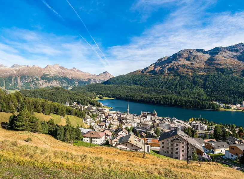 St Moritz Village And Lake in Summer, St Moritz, Switzerland