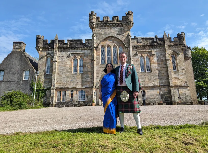 Simon and Adity in front of Craufurdland Castle, Kilmarnock, Scotland