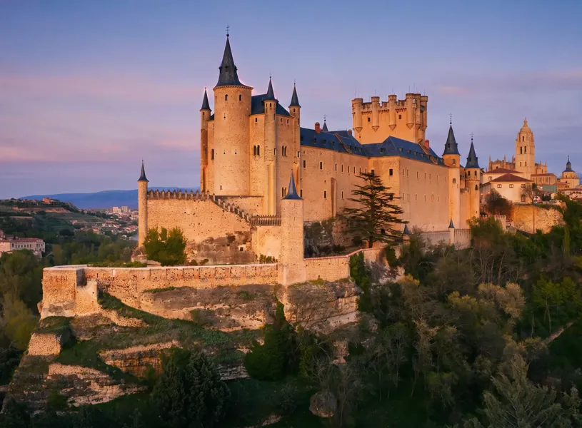 Day Hero Segovia castle at dusk, Segovia, Spain