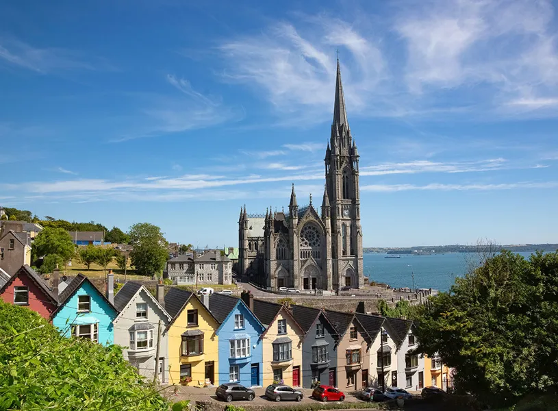 Colourful Houses and Saint Colmans Cathedral Cork Ireland