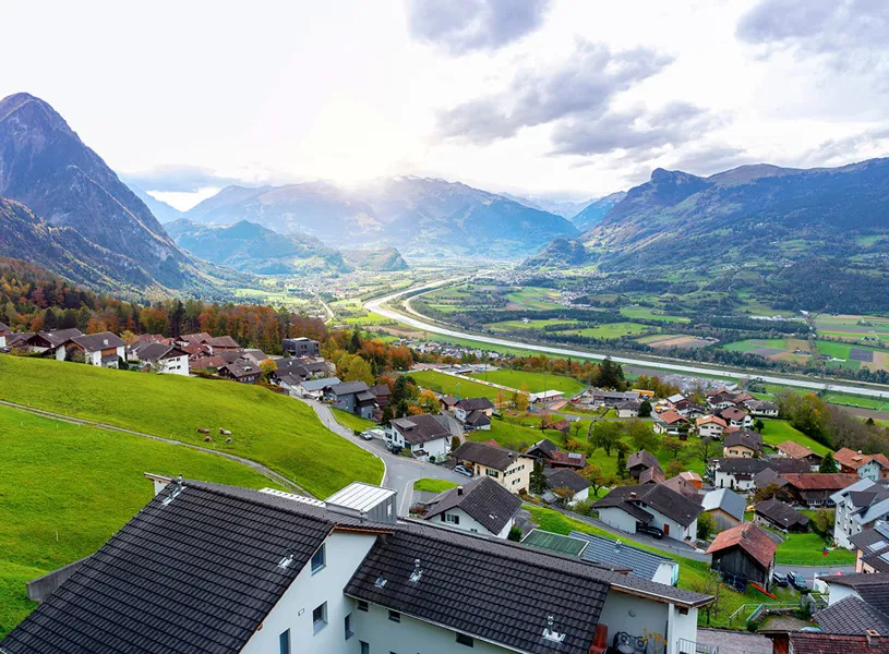 Scenic Aerial View Hillside Villages Triesenberg, Switzerland