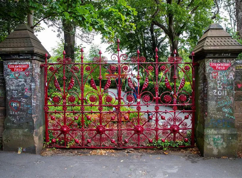 The iconic gates at the entrance to Strawberry Field in Liverpool, England