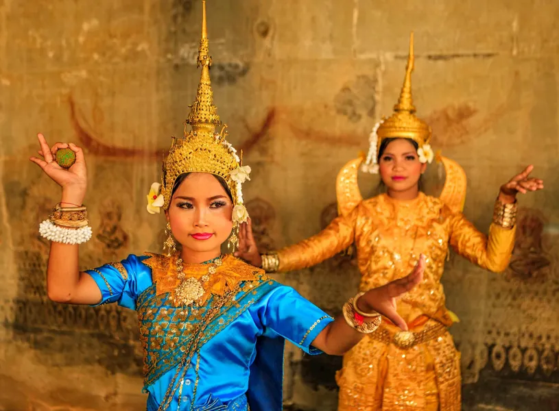 Two traditionally dressed Apsara dancers performing at Angkor Wat, Cambodia