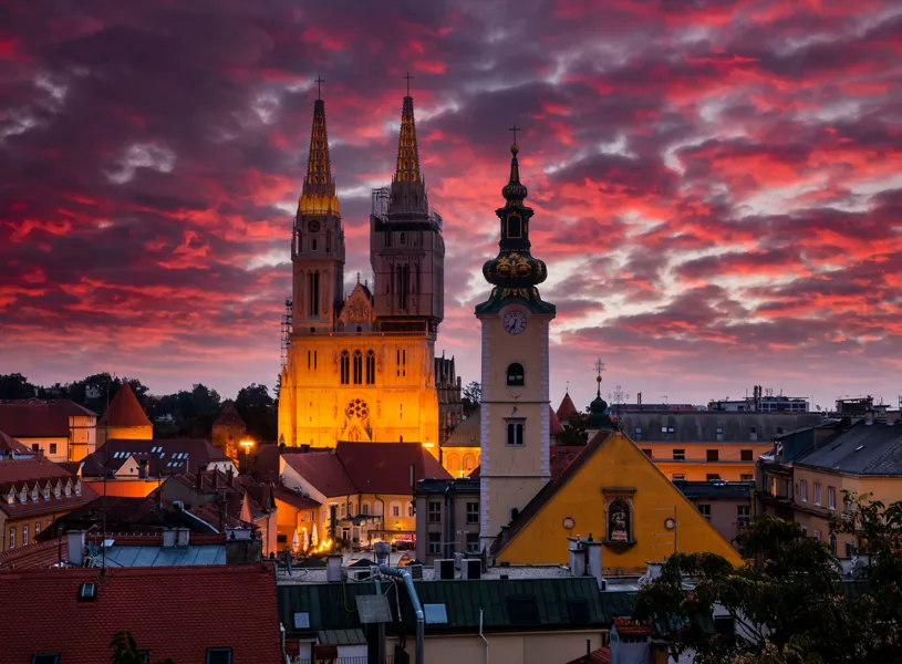 Zagreb Cathedral at sunset, Zagreb, Croatia