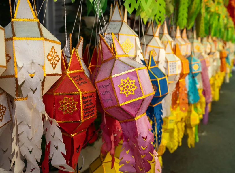 Paper lanterns hanging on street in Chiang Mai, Thailand