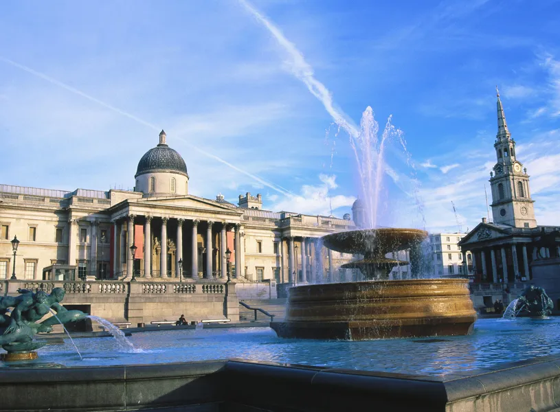 London's Trafalgar Square with National Gallery, fountain and St Martin in the Fields church