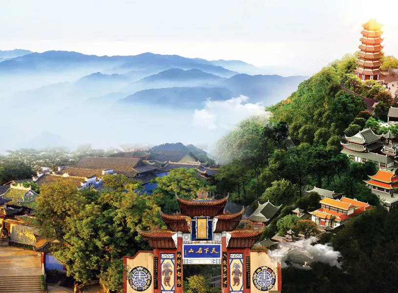Aerial view over Fengdu Ghost City and Relocation Village, Yangtze River, China
