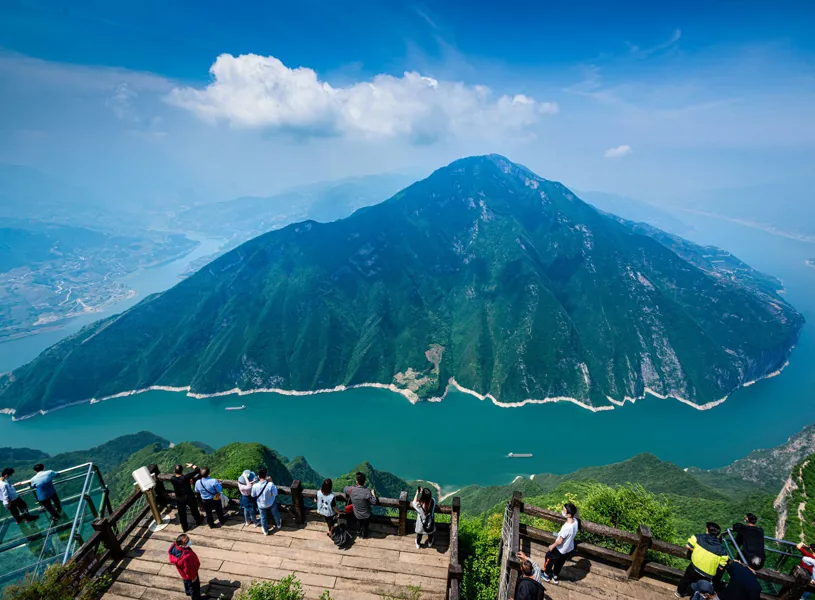 Sunlit panoramic view of Top of Three Gorges from viewing deck, Yangtze River, China