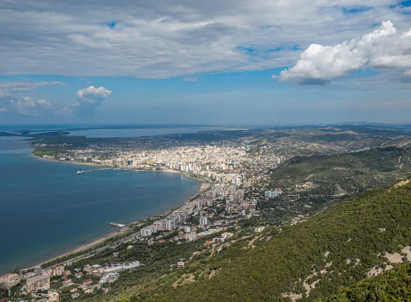 Panoramic landscape view of Vlorë Bay in Vlorë, Albania