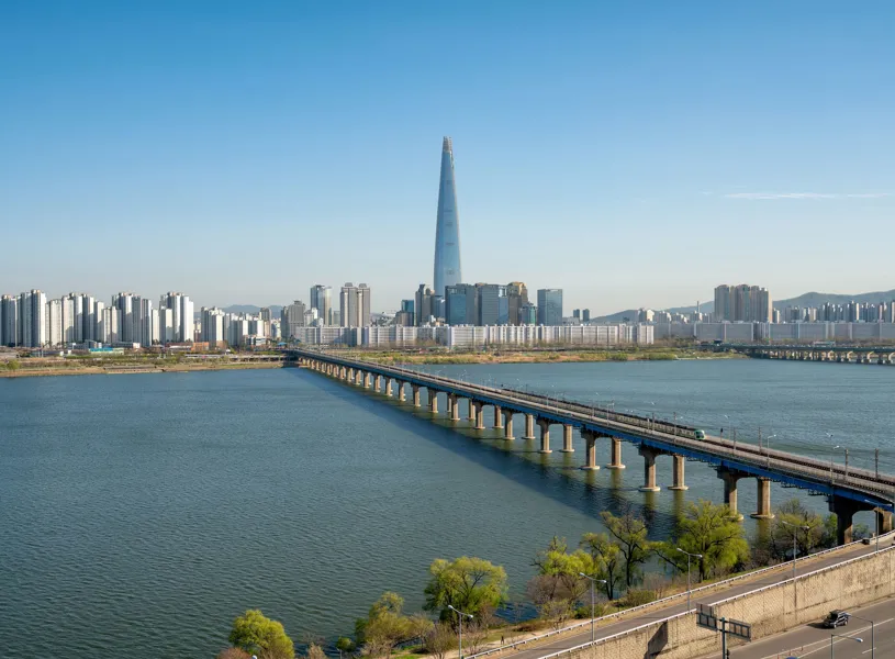 Aerial view of Seoul city at Han river bridge, Seoul, South Korea