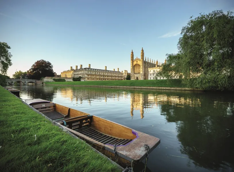 A punting boat in front of Clare College in Cambridge, England