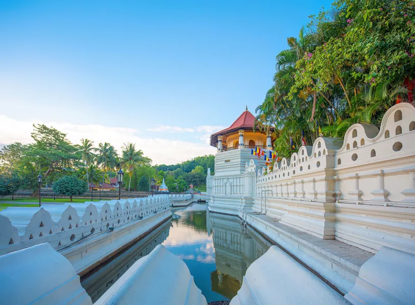 An exterior view of the Temple of the Tooth in Kandy, Sri Lanka