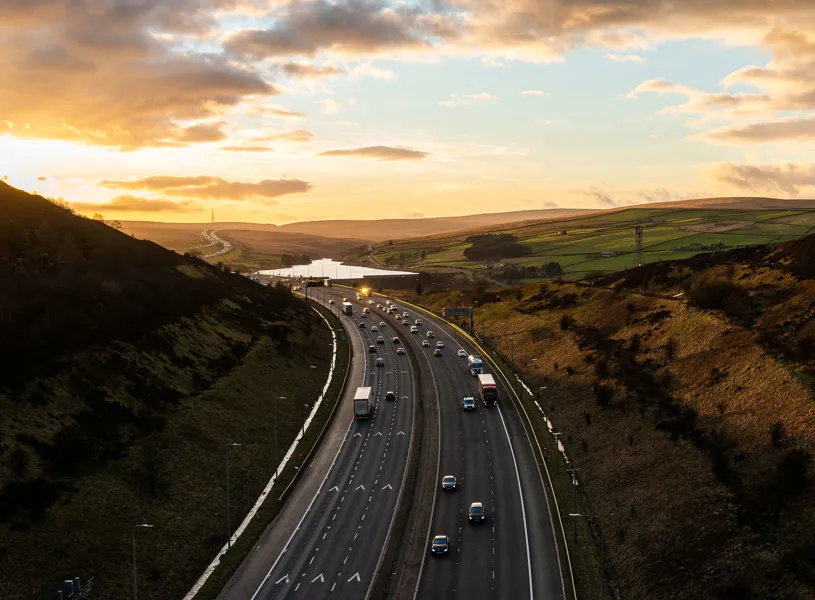 Motorway going through the English countryside in Cambridge, England