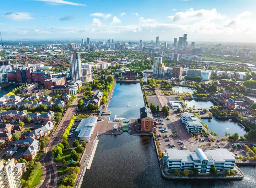 Drone view of Media city Salford Quays, Manchester, England
