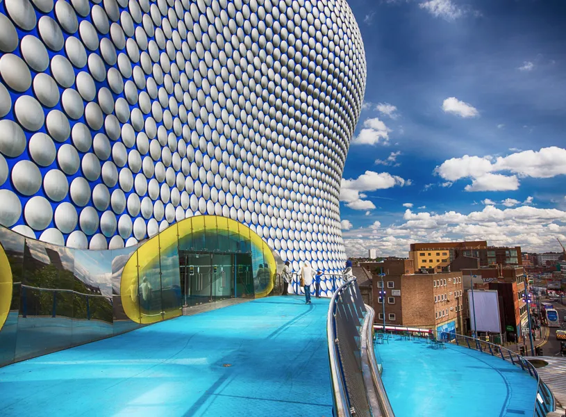 Iconic Selfridges building facade with futuristic architecture in Birmingham, England