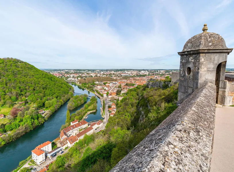 Doubs River and Besançon town view from historic watchtower in France