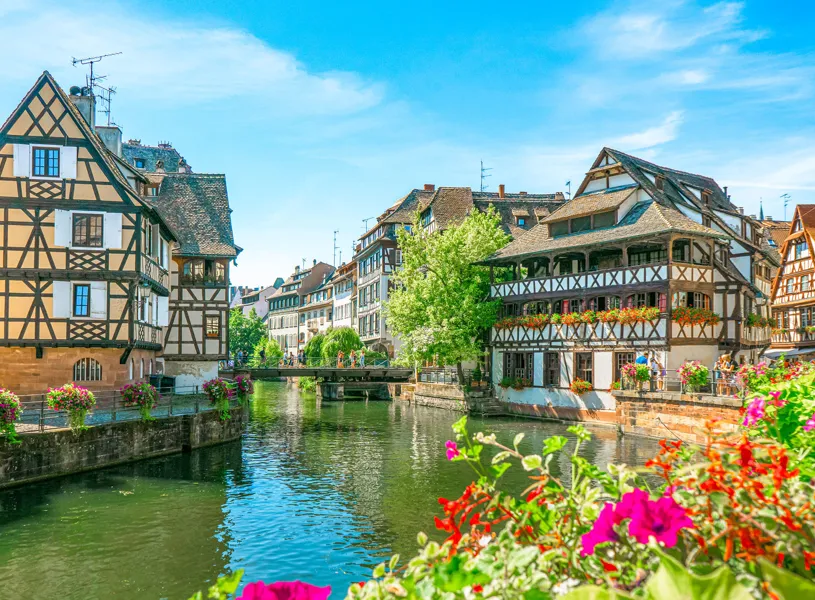 Canal in Petite France with half-timbered houses in Strasbourg, France