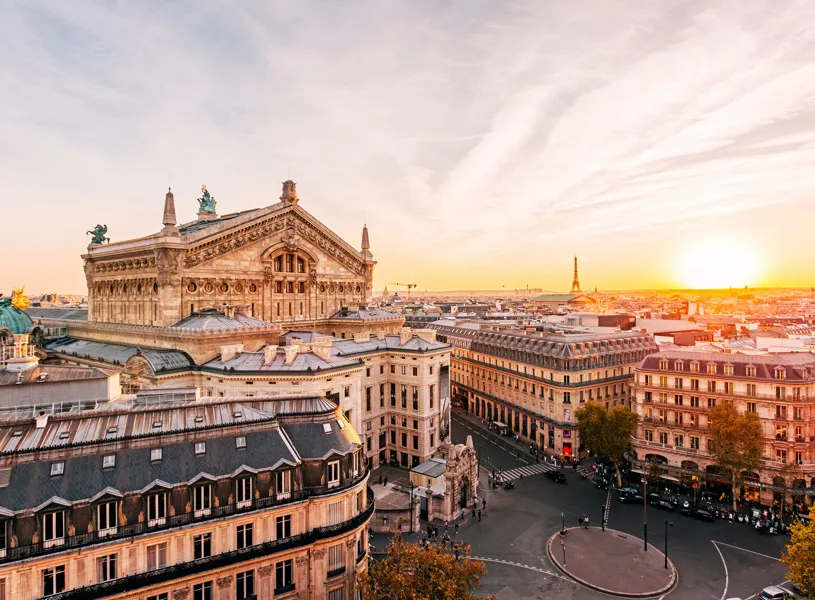 Sunset over Paris with Palais Garnier and Eiffel Tower in view