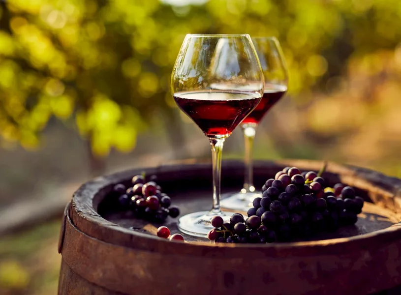 Two red wine glasses on a barrel with grapes against blurred outside setting