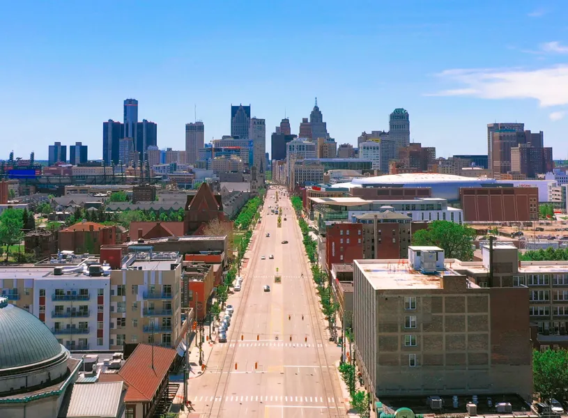 Aerial view of Woodward ave, Detroit, Michigan, USA